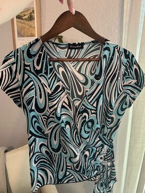 Y2K Women's Teal & Black Abstract Wrap Top
